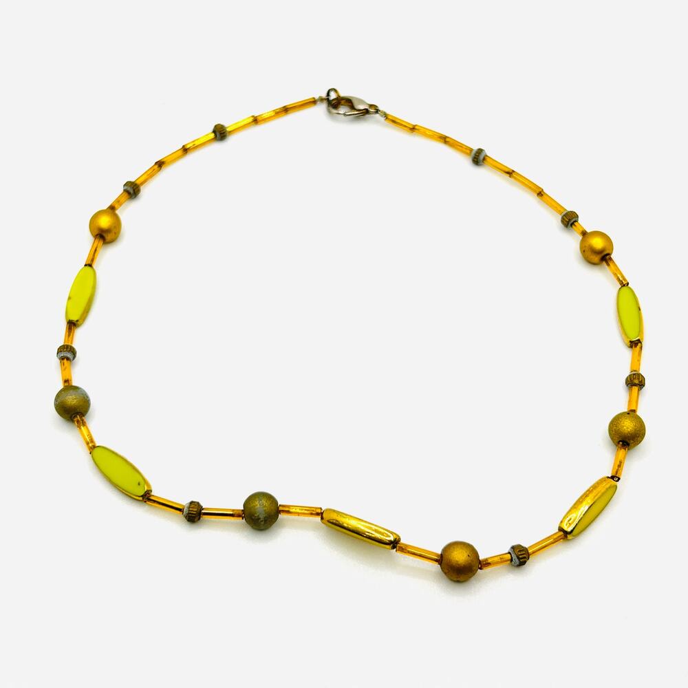 Handmade Art Deco-Style Delicate Green Gold Glass + Ceramic Beaded Necklace